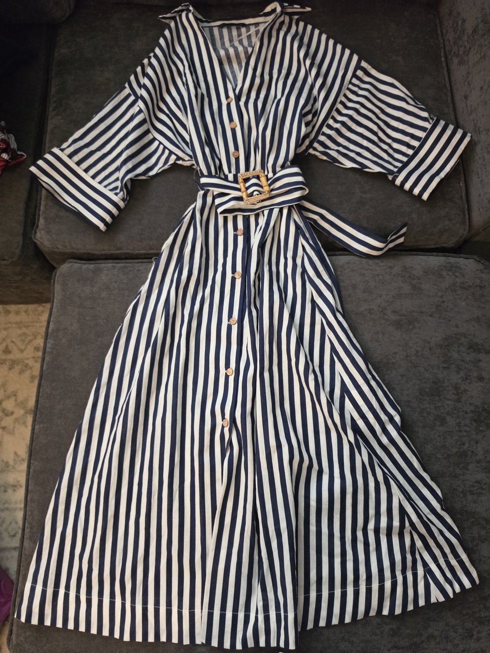 Zara Navy and White Vertical Stripe Maxi Shirt Dress with Belt